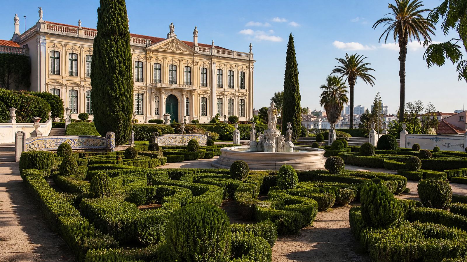 Formal boxwood garden and fountain, Fronteira Palace