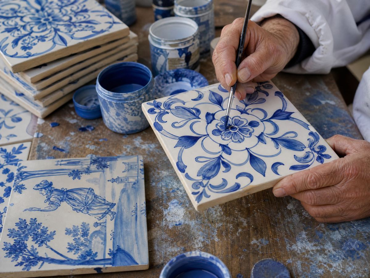 Manos pintando un azulejo azul y blanco